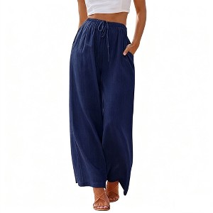Women's Linen Wide Leg Pants with Drawstring Waist Relaxed Fit Casual Summer Trousers - 1 of 4