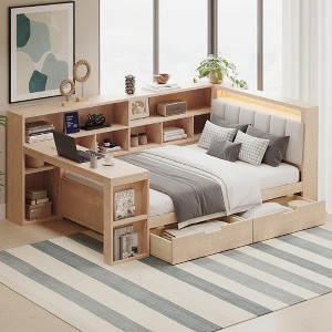 Polibi L-Shaped Wooden Daybed with Built-In Desk, Storage Bookcase, Upholstered RGB Headboard & Drawers - 1 of 4