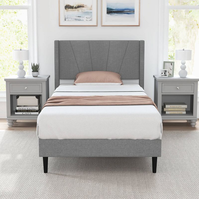 Costway Queen/Twin Bed Frame Modern Platform Bed with Linen Upholstered Wingback Headboard, 2 of 11