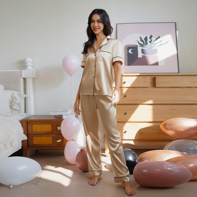 Women's Satin Short Sleeve Button Front Down Shirt & Pants Pajama Sets - Cupshe