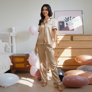 Women's Satin Short Sleeve Button Front Down Shirt & Pants Pajama Sets - Cupshe - 1 of 3
