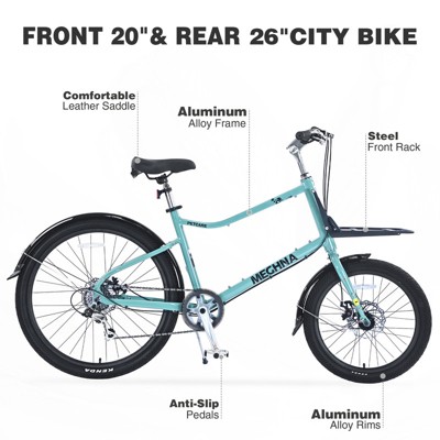 Aukfa 26 Inch Bike with Cargo Aluminum Frame Big Rear Wheel and Small Front Wheel 7 Speed Hybrid Comfort Bike