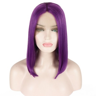 Unique Bargains Women's Medium Long Straight Bob Lace Front Wigs with Wig Cap 14" Purple 1PC