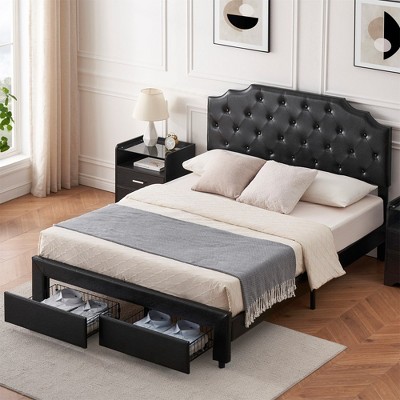 Whizmax Leather Platform Bed Frame with Headboard and 2 Storage Drawers, No Box Spring Needed, Black