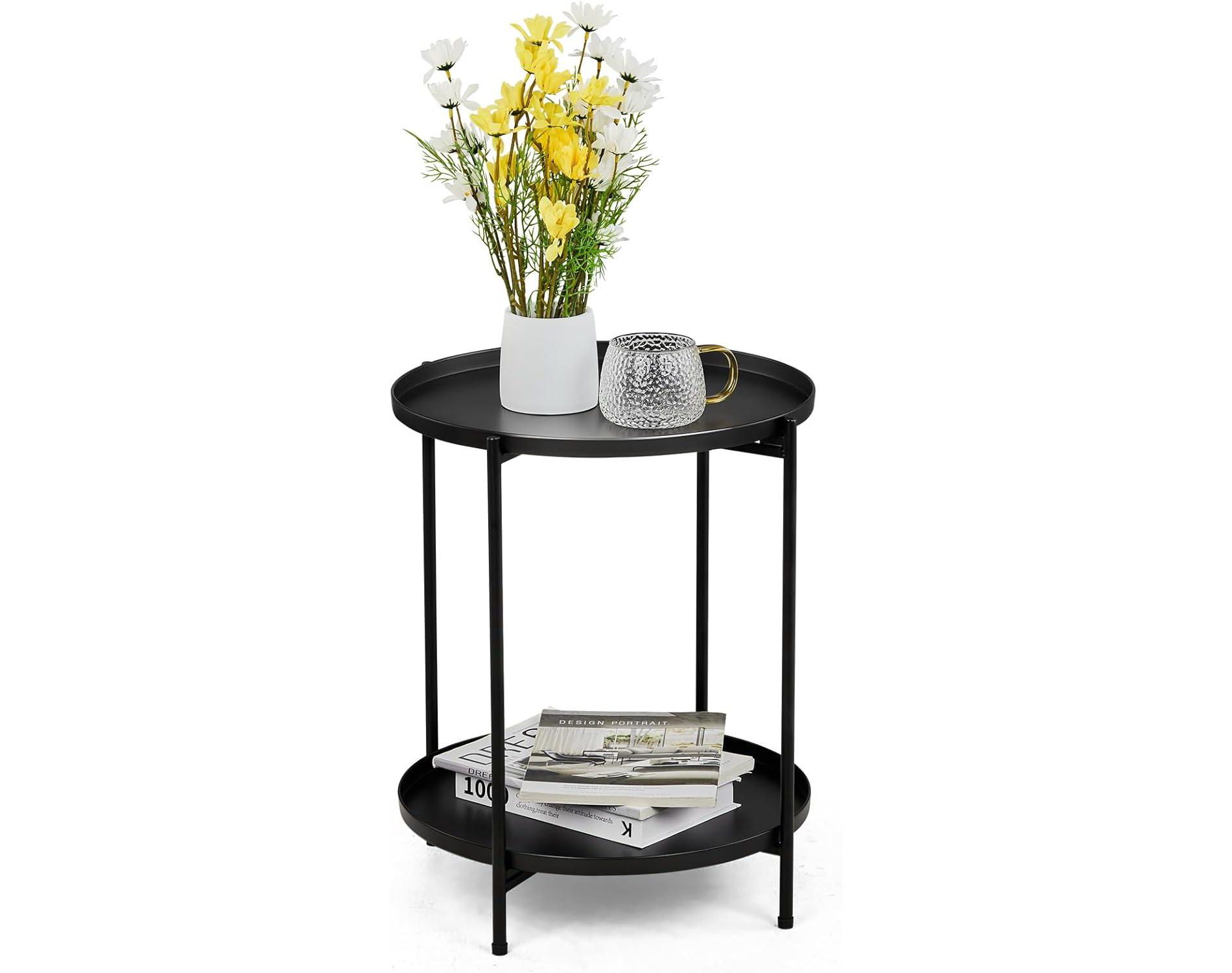 VINGLI 2-Tier Metal Outdoor Side Table with Removable Tray Portable Small Outdoor Accent Table End Table for Patio Bedroom Balcony Living Room Porch