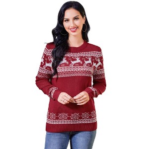 Women's Christmas Reindeer Pattern Crew Neck Sweater - Long Sleeve Festive Knit Jumper - 1 of 4