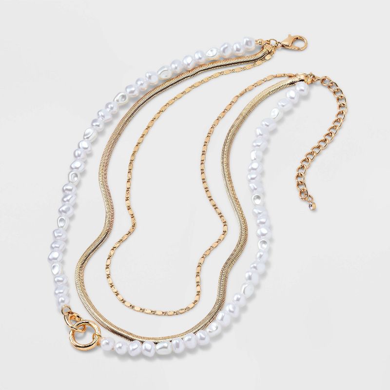 Gold Pearl Herringbone Chain 3 Row Necklace - A New Day&#8482; Gold, 3 of 5