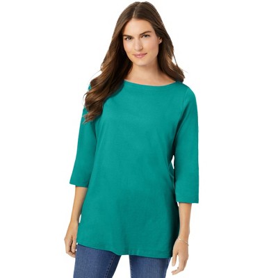 Woman Within Plus Size Perfect Three-Quarter Sleeve Boatneck Tee