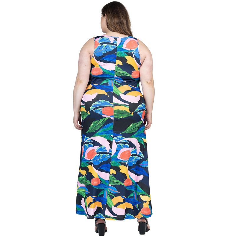 24seven Comfort Apparel Plus Size Teal Floral Print Sleeveless Casual Maxi Dress With Pockets, 3 of 7