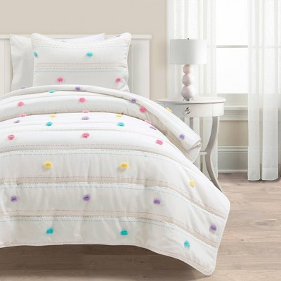 Kids' Rainbow Pom Pom and Striped Quilt White - Lush Décor