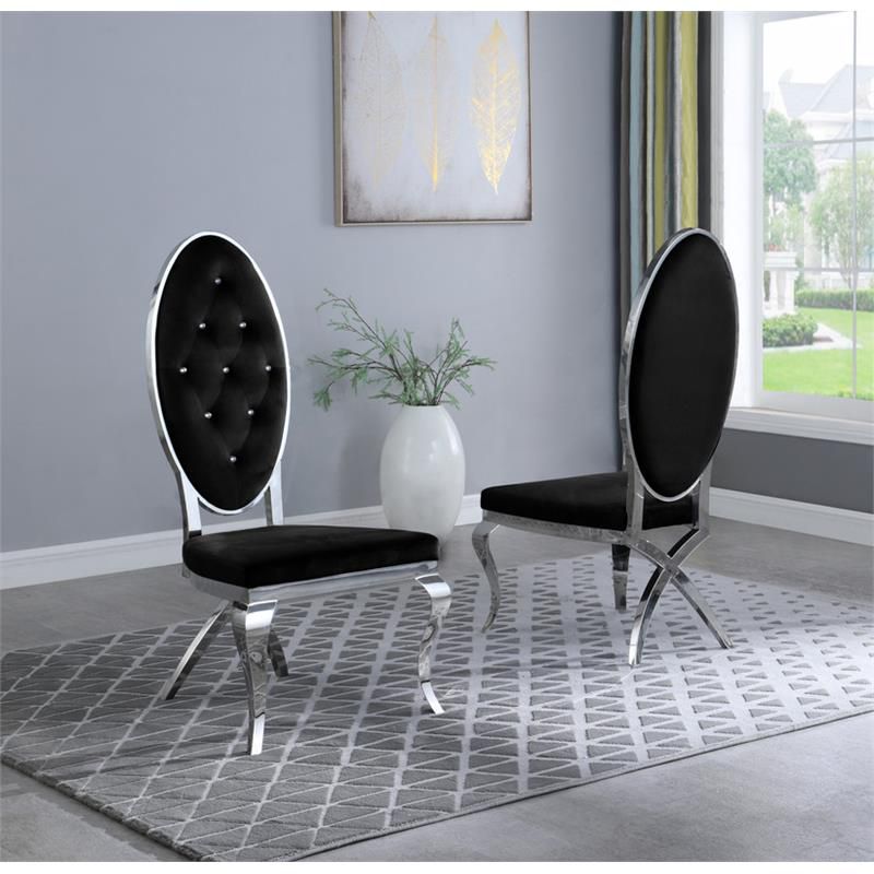 Tufted Velvet Dining Chairs in Black with Silver Stainless Steel (Set of 2), 2 of 3