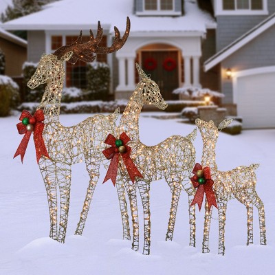 Champagne Glittered LED Deer Family with Red Ribbon Bows