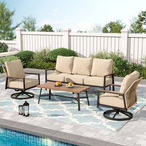 Captiva Designs 4pc 5-Seat Outdoor Patio Sofa Conversation Set With rope-Woven Rattan Swivel Chairs - 1 of 4