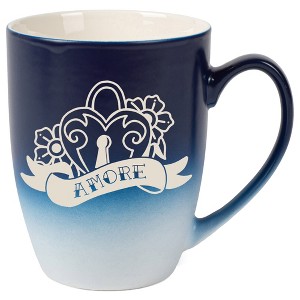 100 North Floral Heart 10 Ounce Navy Blue and White Two Toned Ombre, Comfortably Fits Your Hands, Ceramic Tea Coffee Cup Mug, Amore - 1 of 1