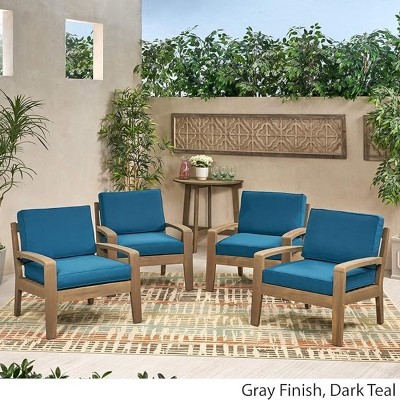 Outdoor Acacia Wood Patio Club Chairs Set of 4 with Water-Resistant Cushions, Outdoor Chair with Slat Panel Design for Garden or Deck-Coolbibila
