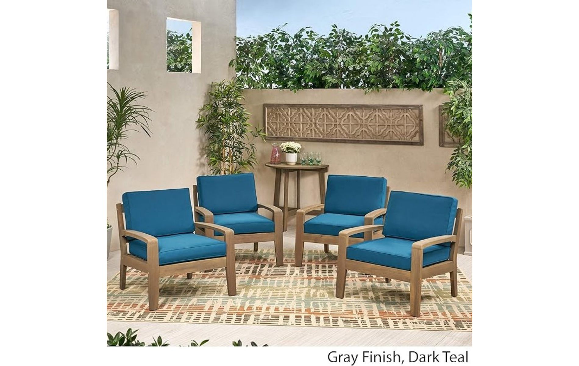 Outdoor Acacia Wood Patio Club Chairs Set of 4 with Teal Water-Resistant Cushions, Outdoor Chair with Slat Panel Design for Garden or Deck-Coolbibila