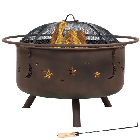 Sunnydaze Outdoor Camping or Backyard Round Cosmic Stars and Moons Fire Pit with Cooking Grill Grate, Spark Screen, and Log Poker - 30" - image 1 of 4