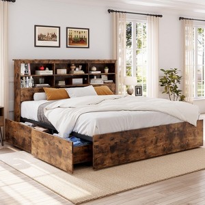 Whizmax Bed Frame with High Storage Bookcase Headboard, Wood Bed Frame with 4 Storage Drawers, No Box Spring Needed, Metal Frame, Easy Assembly - 1 of 4