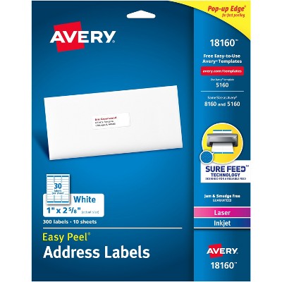 Avery Easy Peel Mailing Address Labels Inkjet 1 x 2 5/8 White 300/Pack 18160