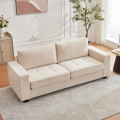 90" Cloud Couch, Mid-Century Chenille Sofa, Deep Seat, USB Ports & Pockets, Wood Frame ¨C for Living Room & Office