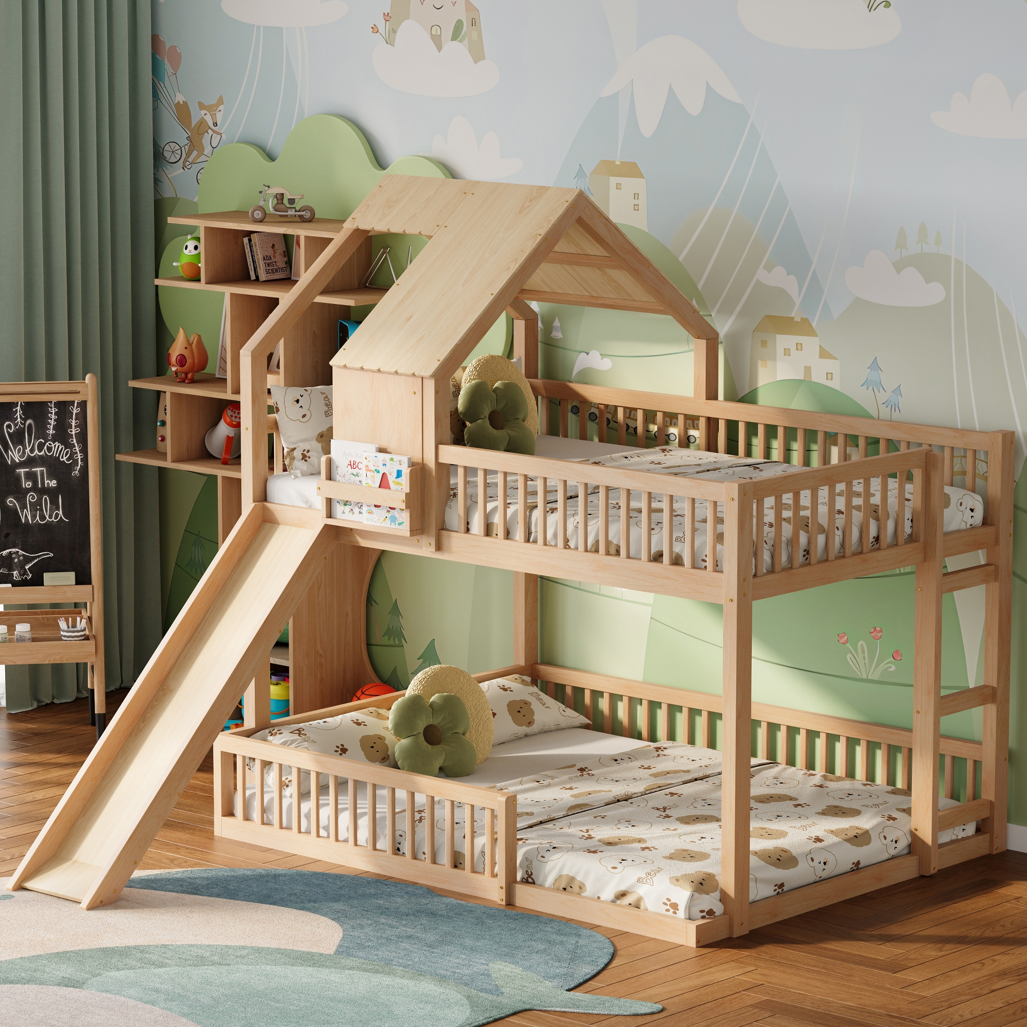 ModernLuxe Full XL Over Queen House Bunk Bed with Slide & Ladder, Solid Wood Kids Playhouse Bunk Bed Frame, Natural