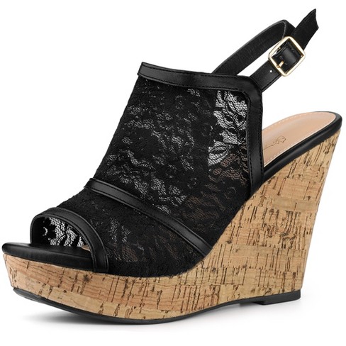 Perphy Lace Platform Heel Slingback Wedges Sandals for Women Black 9