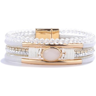 Leather Wrap Bracelet with Crystal Beads & Stone Charm, Boho Cuff with Clasp for Women