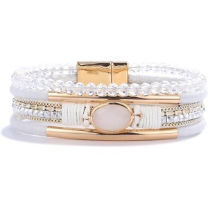 Leather Wrap Bracelet with Crystal Beads & Stone Charm, Boho Cuff with Clasp for Women - 1 of 4