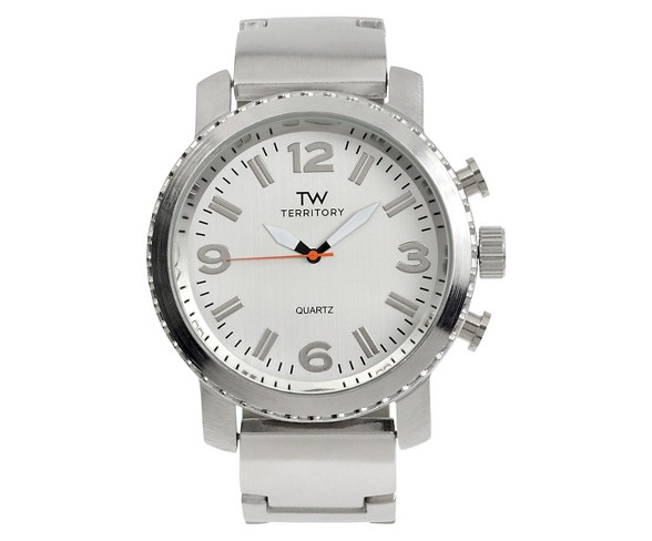 Men's Territory Large Round Face Stainless Steel Link Watch - Silver