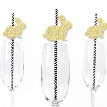Big Dot of Happiness Gold Glitter Bunnies Party Straws - No-Mess Real Gold Glitter Cut-Outs & Decorative Easter Paper Straws - Set of 24