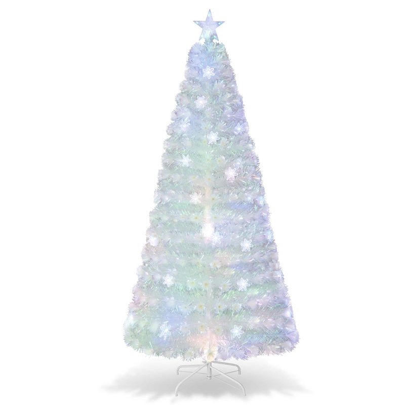 Costway 5FT/6FT/7FT Pre-Lit Fiber Optic Christmas Tree Decor Multi-Color Snowflake LED Lights, 1 of 10
