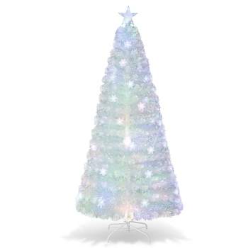 Costway 5FT/6FT/7FT Pre-Lit Fiber Optic Christmas Tree Decor Multi-Color Snowflake LED Lights