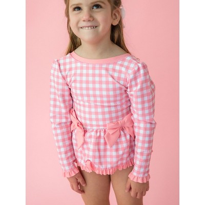 RuffleButts Girls UPF50+ Long Sleeve One Piece Bow Peplum Rash Guard Swimsuit - Bubblegum Pink Gingham, 6 — фото 3