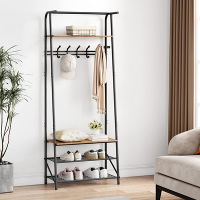 Coat Rack Shoe Bench with 5 Hooks, Hall Trees Entryway Bench with Storage