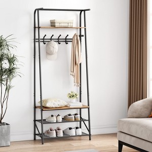 Coat Rack Shoe Bench with 5 Hooks, Hall Trees Entryway Bench with Storage - 1 of 4