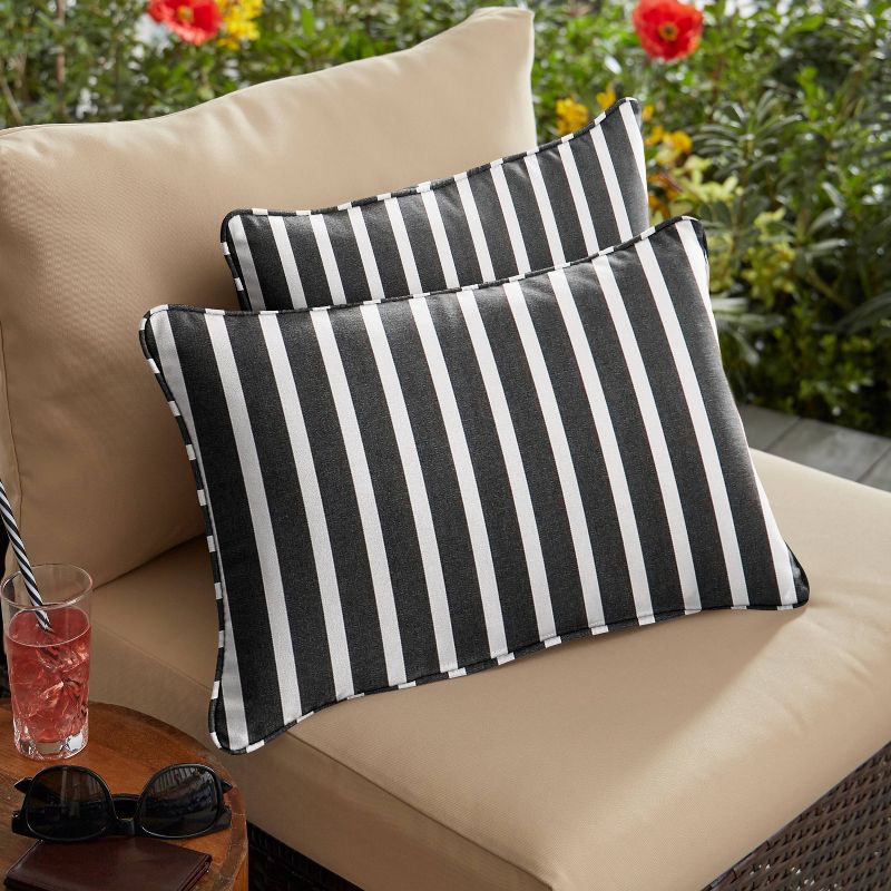 2pk Rectangle Sunbrella Stripe Indoor Outdoor Corded Throw Pillows Black/White, 2 of 4