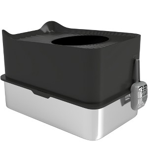 TinyHomie Cat Litter Box with Scoop, Top Entrance, Non-slip Pads Black - 1 of 4