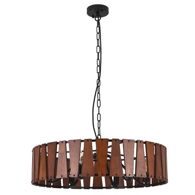 PAKOKULA Farmhouse 6-Light Black Drum Chandelier with Wooden Shade