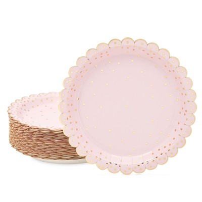 Sparkle and Bash 48 Pack Pink and Gold Polka Dot Paper Plates with Scallop(7 In)