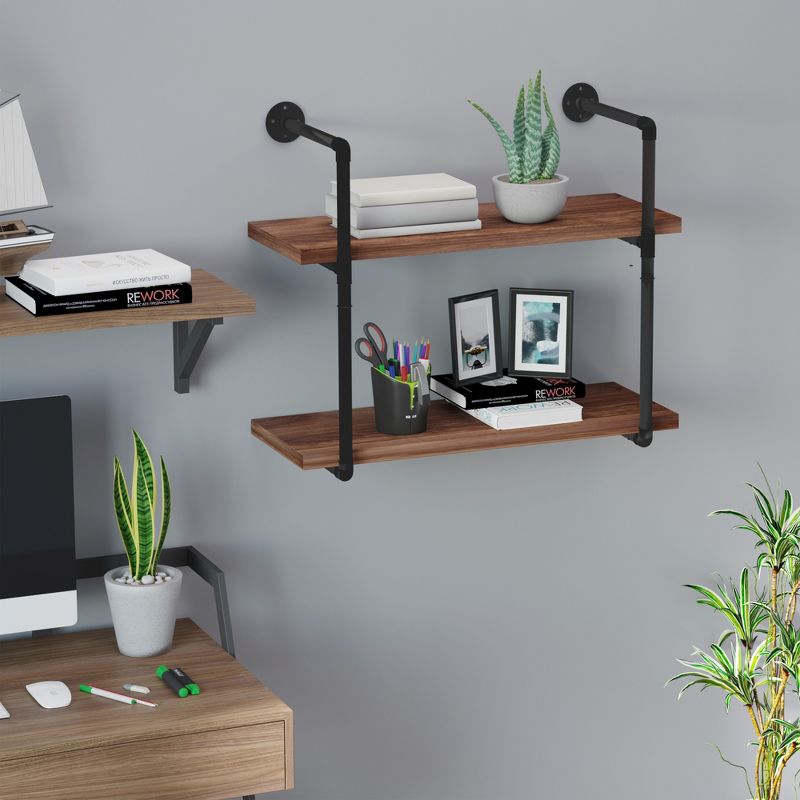 HOMCOM 2-Tier Industrial Pipe Shelves, Floating Wall Mounted Bookshelf, Metal Frame Display Rack for Living Room or Bedroom, Rustic Brown, 2 of 9