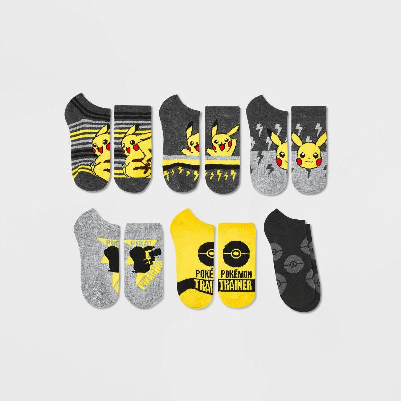 Boys' Pokémon Pikachu 6pk No Show Socks - Gray/Yellow, 1 of 3