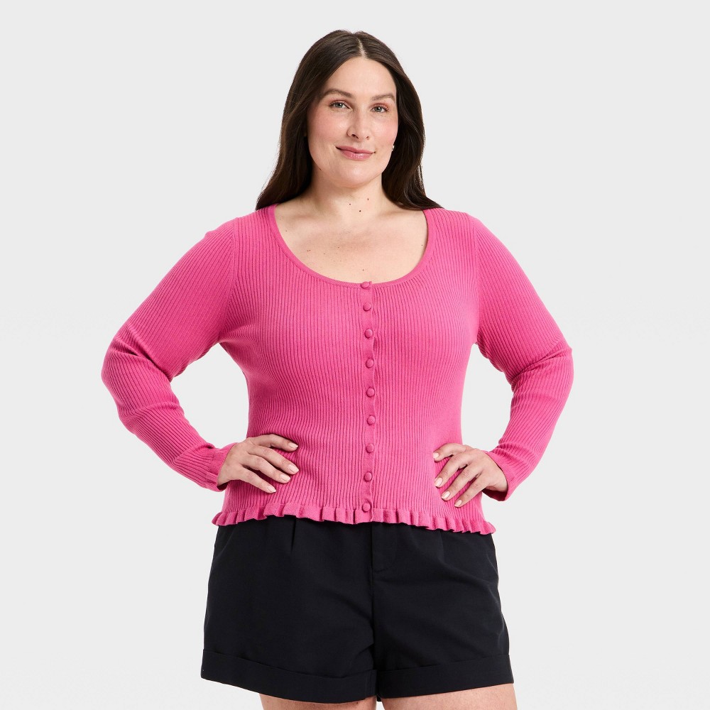 Women's Ruffle Scoop Neck Cardigan - A New Day™ Dark Pink 1X