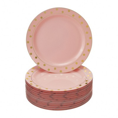 Silver Spoons Charming Dots Plastic Plates for Party, Heavy Duty Disposable Dinner Set, Dessert Plates (7.5”), Pink/Gold (24 PC)