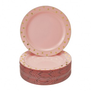 Silver Spoons Charming Dots Plastic Plates for Party, Heavy Duty Disposable Dinner Set, Dessert Plates (7.5”), Pink/Gold (24 PC) - 1 of 1