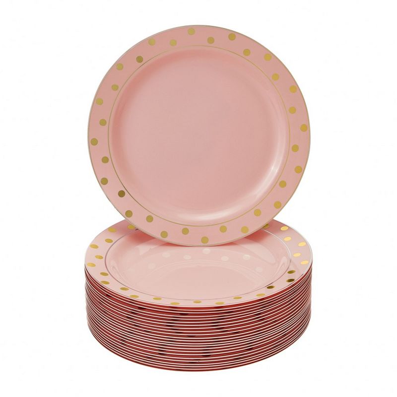 Silver Spoons Charming Dots Plastic Plates for Party, Heavy Duty Disposable Dinner Set, Dessert Plates (7.5”), Pink/Gold (24 PC), 1 of 2