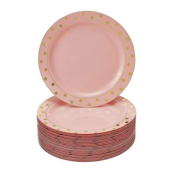 Silver Spoons Charming Dots Plastic Plates for Party, Heavy Duty Disposable Dinner Set, Dessert Plates (7.5”), Pink/Gold (24 PC)