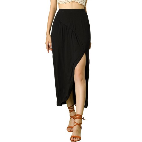 Allegra K Women's Skirt Split Ruched High Waist Summer Beach Maxi Skirts  Black Medium