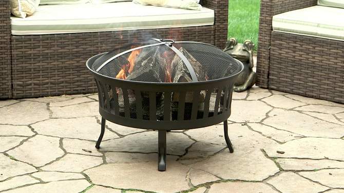 Sunnydaze 25" Outdoor Steel Mesh Stripe Cutout Fire Pit Set with Spark Screen and Poker Lifting Tool, 2 of 11, play video