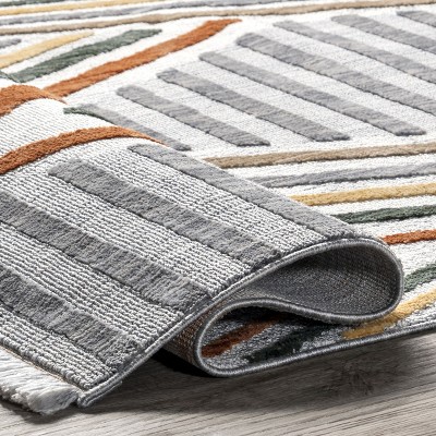 Edna Light Gray Striped Synthetic Area Rug, 5' x 8'