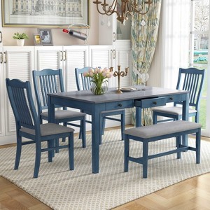 Vatros 6-Piece Vintage Dining Table Set with Storage Drawer, Blue - 1 of 4